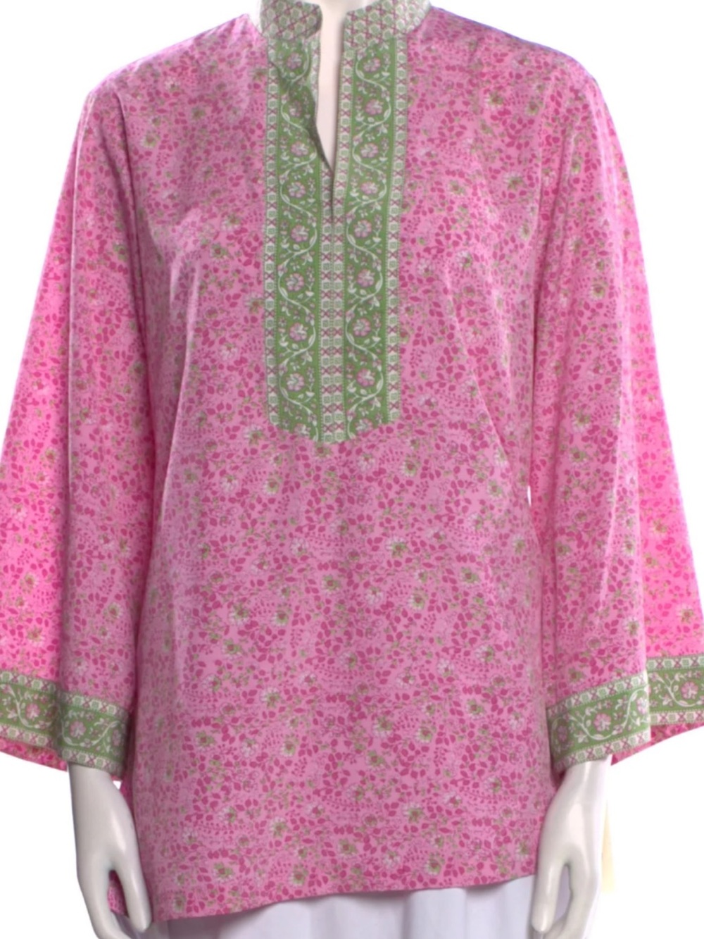 Oscar de la Renta Pink Floral Tunic with Green Embroidered Trim